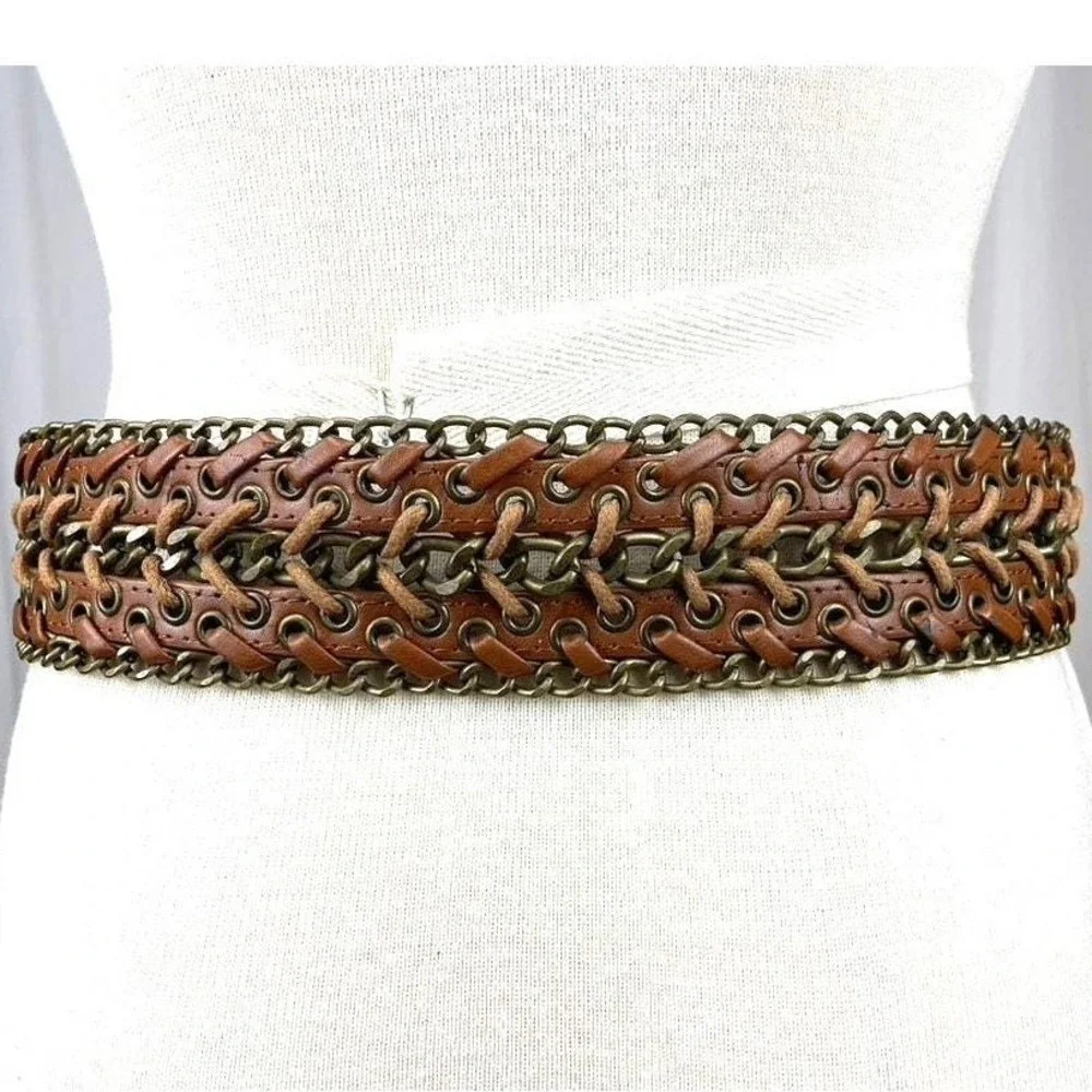 Vintage Boho 90s‎ Womens (32) Wide Brass Chain Leather Lacing Tan Belt Western